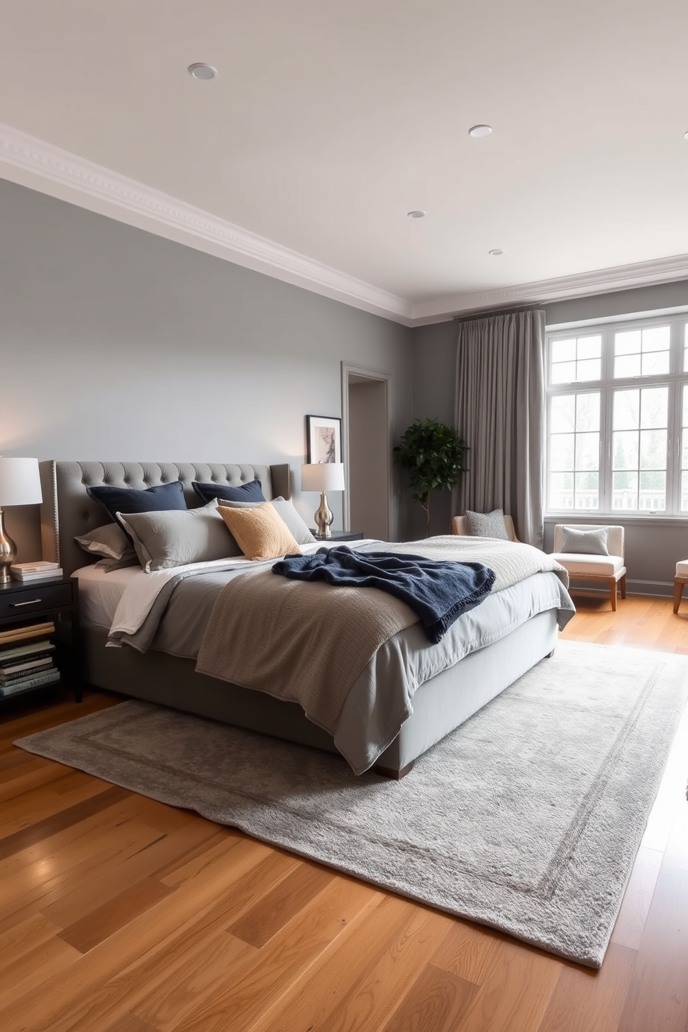 A large bedroom featuring a plush king-sized bed adorned with a mix of textured cushions and cozy throws. The walls are painted in a soft gray hue, complementing the warm wooden flooring and creating a serene atmosphere. To one side of the bed, a stylish nightstand holds a modern lamp and a stack of books. A spacious area rug in a neutral tone anchors the space, while large windows allow natural light to fill the room.