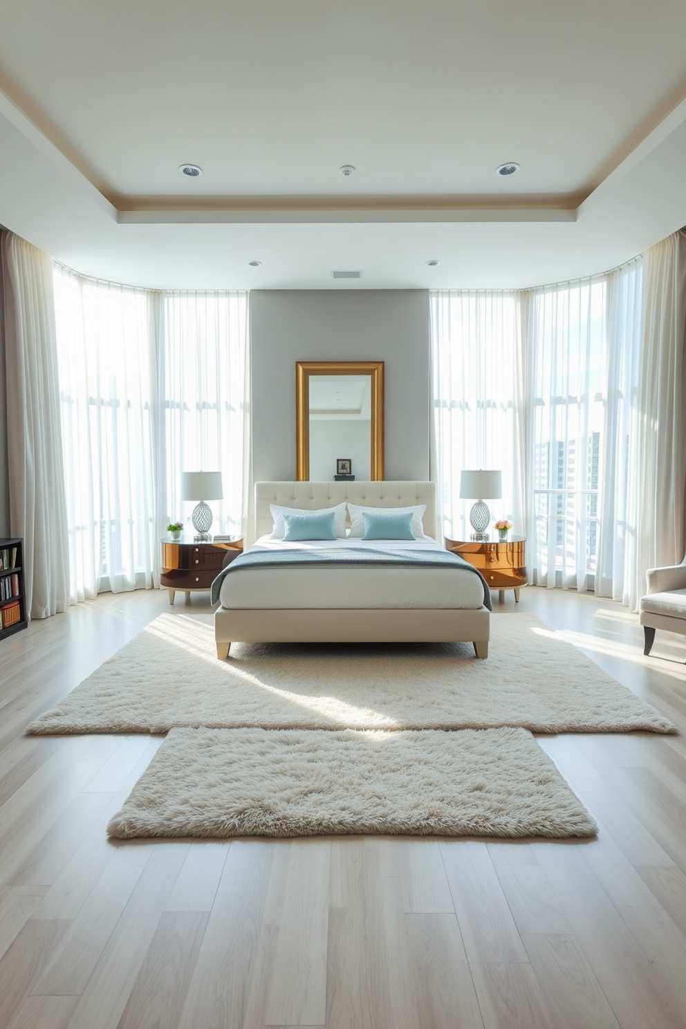 A spacious bedroom filled with natural light. The room features large windows dressed with sheer white curtains that allow sunlight to flood in. A king-sized bed is positioned centrally against a soft gray accent wall. On either side of the bed, elegant nightstands hold stylish lamps that add a warm glow to the space. A beautiful full-length mirror is placed opposite the windows to reflect light and create an illusion of more space. Plush area rugs in neutral tones add warmth and comfort underfoot. In one corner, a cozy reading nook with a comfortable armchair and a small bookshelf invites relaxation. The overall color palette combines soft blues and whites, creating a serene atmosphere.