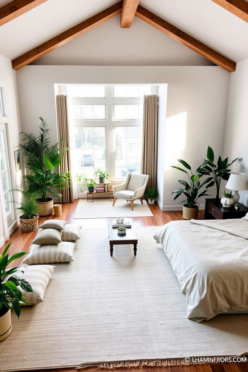 A cozy reading nook by the window features a plush armchair upholstered in soft fabric. A small round side table holds a stack of books and a steaming cup of tea, while natural light pours in through sheer curtains. The large bedroom design includes a king-sized bed with an elegant upholstered headboard. Soft pastel colors adorn the walls, complemented by a stylish area rug that adds warmth and comfort to the space.