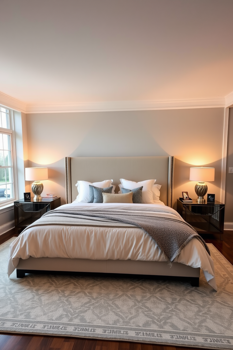 A spacious bedroom featuring a large, comfy bed with plush bedding and an oversized headboard. Soft, ambient lighting creates a warm atmosphere, while large windows allow natural light to flood the room. The walls are painted in a soothing neutral color, complemented by a stylish area rug beneath the bed. Elegant nightstands on either side of the bed hold decorative lamps and personal touches, enhancing the overall design.