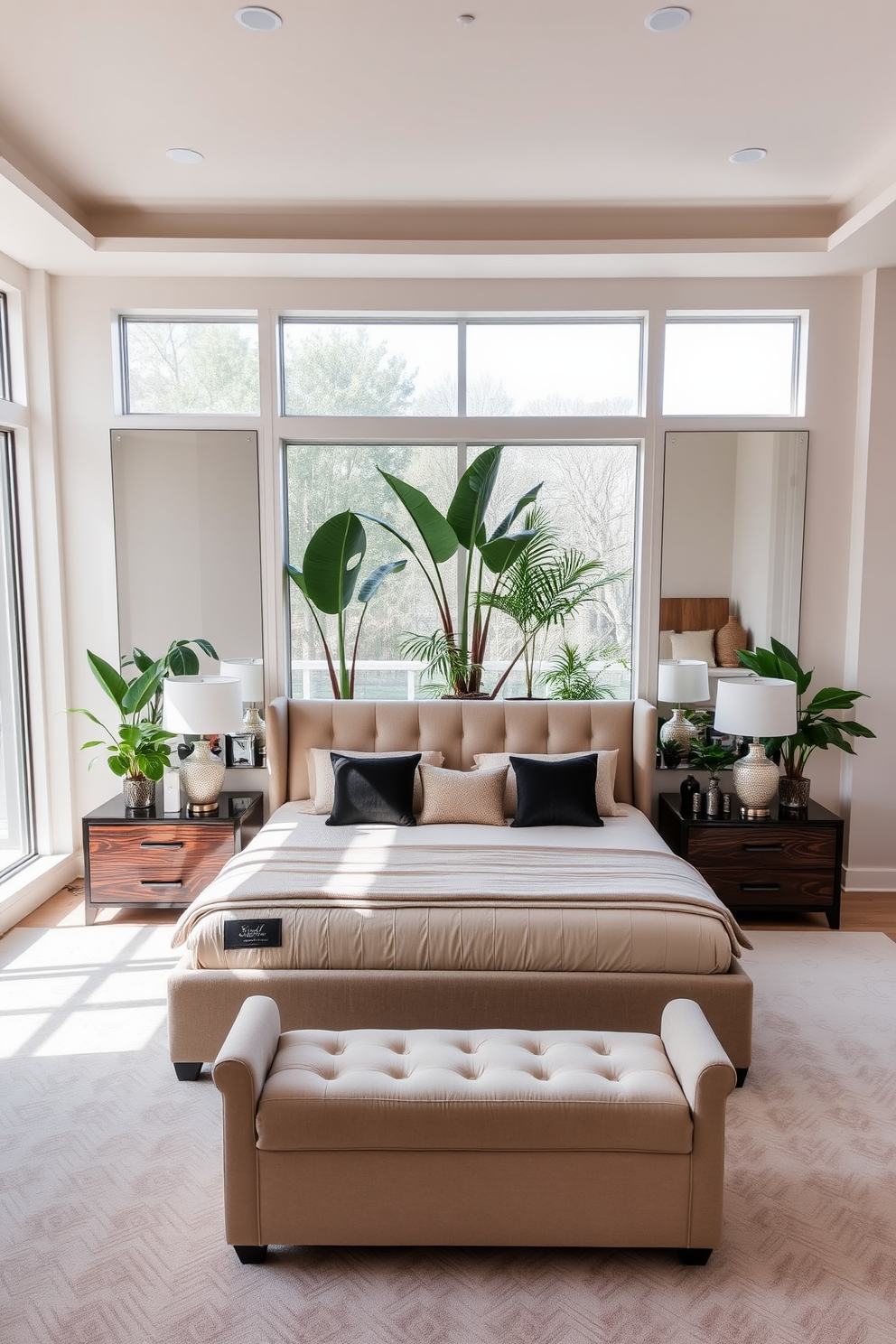 A large bedroom featuring textured wallpaper that adds depth and warmth to the space. The room includes a king-sized bed with plush bedding and elegant bedside tables adorned with stylish lamps.