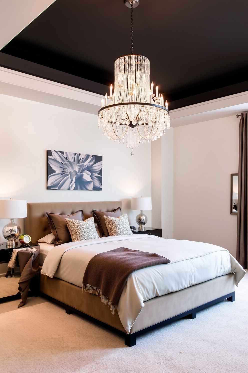 A spacious bedroom featuring a statement chandelier hanging elegantly from the ceiling. The room is adorned with a plush king-sized bed dressed in luxurious linens, complemented by decorative pillows and a stylish throw blanket.