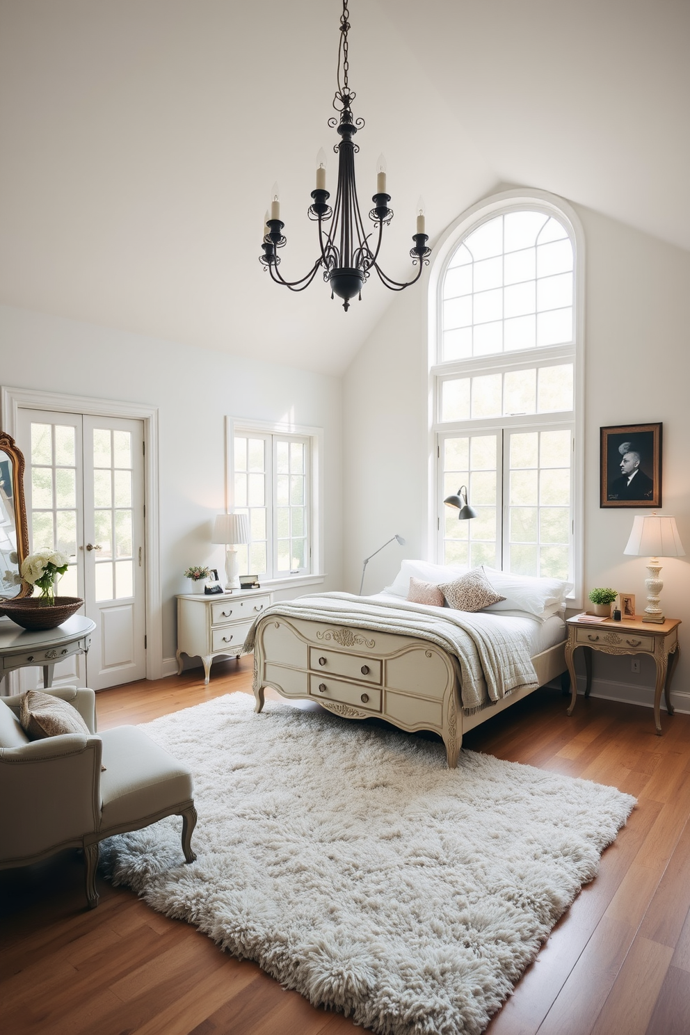 A spacious bedroom featuring a vintage dresser that adds a touch of charm and character to the space. The walls are painted in a soft pastel color, creating a serene atmosphere complemented by a plush area rug underfoot. The bed is centered against the wall, adorned with luxurious bedding and a variety of decorative pillows. Natural light floods the room through large windows, enhancing the inviting ambiance and highlighting the elegant details of the vintage dresser.