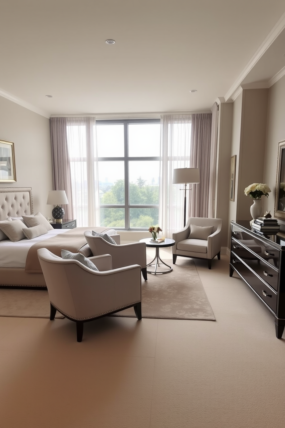 A large bedroom featuring a plush king-sized bed dressed in luxurious linens. Decorative throw pillows in various textures and colors are arranged artfully on the bed, creating a cozy and inviting atmosphere. The room is accented with a stylish area rug that complements the overall color scheme. Soft lighting from bedside lamps casts a warm glow, enhancing the comfort of the space.