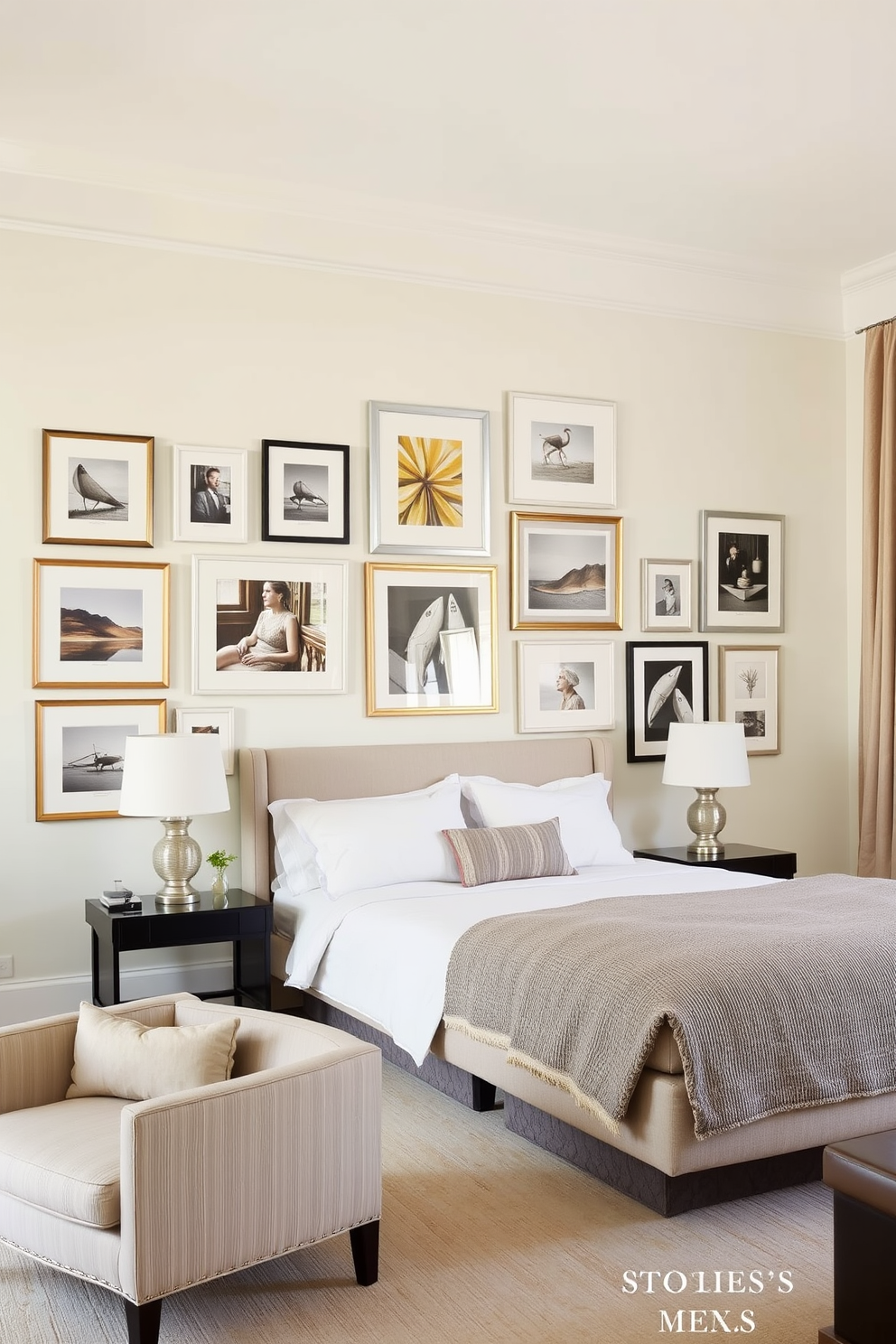 Design a gallery wall featuring a mix of framed photographs and artwork in various sizes. The wall is painted in a soft neutral tone to enhance the visual impact of the displayed pieces. Create a spacious bedroom with a king-sized bed dressed in luxurious linens. The room includes a cozy seating area with a pair of stylish armchairs and a small coffee table.