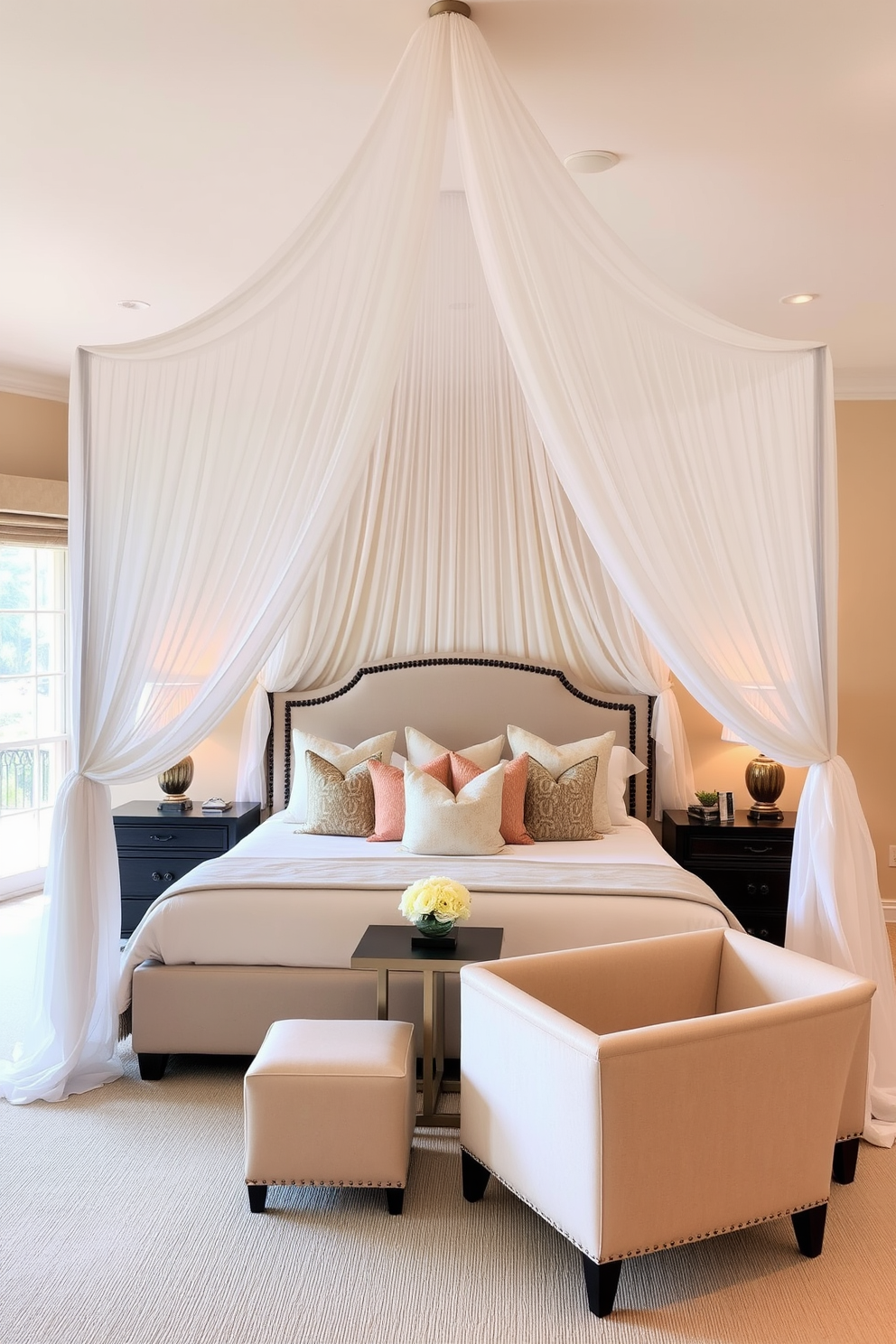 A large bedroom features a stunning canopy bed draped with sheer white fabric that cascades down to the floor. The walls are painted in a soft beige tone, complemented by plush cream-colored bedding and an assortment of decorative pillows. On either side of the bed, elegant nightstands hold stylish lamps that cast a warm glow. A cozy seating area with a pair of armchairs and a small side table is positioned by a large window, allowing natural light to fill the space.