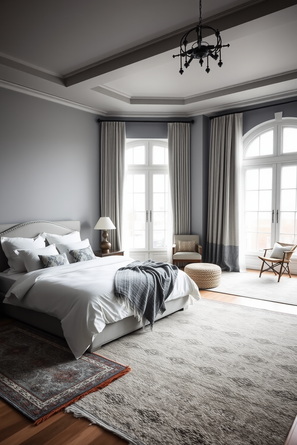 A spacious bedroom featuring layered rugs that add warmth and texture to the space. The room is adorned with a plush king-sized bed dressed in crisp white linens and a soft throw blanket. Natural light floods in through large windows, illuminating the cozy reading nook by the corner. Elegant curtains frame the windows, complementing the soothing color palette of soft grays and muted blues.