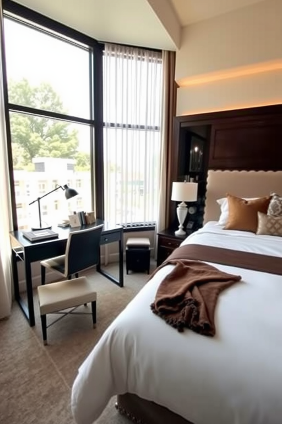 A spacious bedroom filled with natural light featuring a king-sized bed adorned with soft linens and colorful travel souvenirs. On the walls, framed photographs and mementos from various destinations create a warm and inviting atmosphere. A cozy reading nook is set up by the window, complete with a plush armchair and a small bookshelf showcasing travel guides and novels. The color palette includes earthy tones and pops of vibrant colors from the souvenirs, making the space feel both personal and serene.