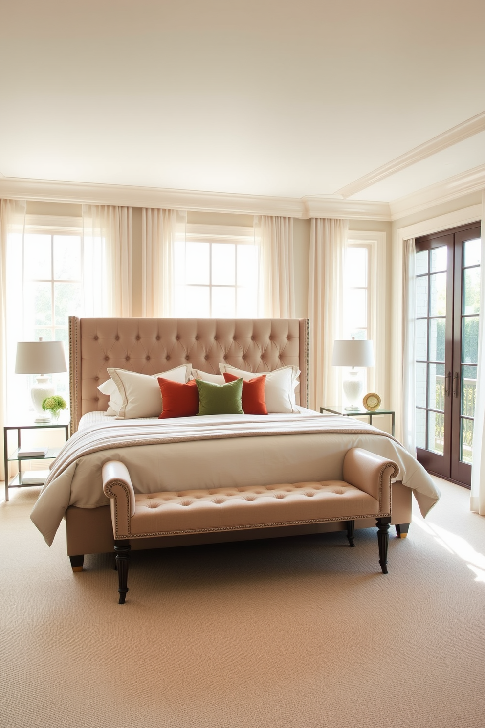 A spacious and elegant bedroom featuring a king-sized bed with a tufted headboard dressed in luxurious linens. At the foot of the bed, a plush bench adds comfort and style, complemented by decorative pillows that enhance the color palette. The walls are painted in a soft, neutral tone, creating a serene atmosphere. Large windows allow natural light to flood the room, adorned with sheer curtains that gently filter the sunlight.