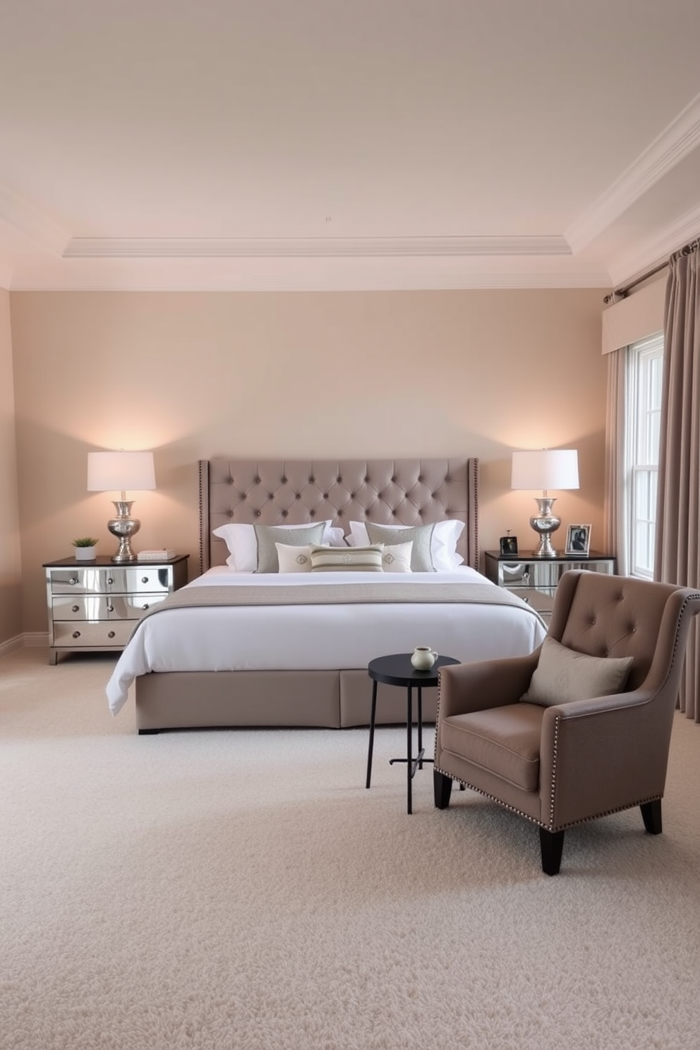 A spacious bedroom featuring a neutral color palette with soft beige walls and a plush cream carpet. A king-sized bed with a tufted headboard is centered against the wall, adorned with white and gray bedding and decorative pillows. On either side of the bed, elegant nightstands hold stylish lamps that emit a warm glow. A comfortable reading nook is created by a cozy armchair and a small side table positioned near a large window that allows natural light to flood the room.