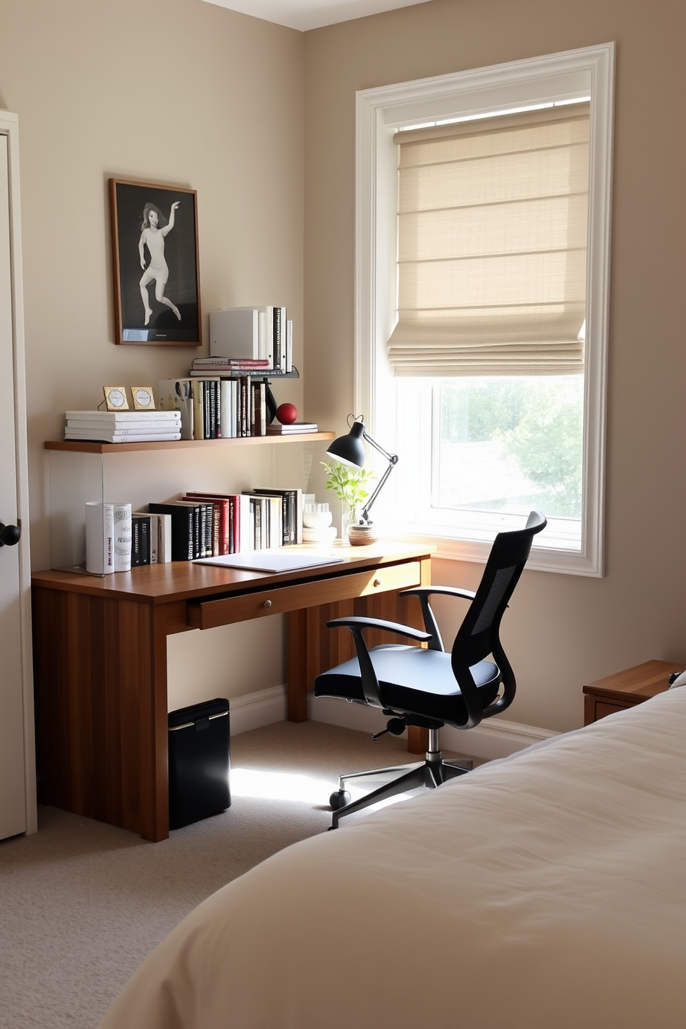 A spacious bedroom features custom built-in shelving that seamlessly integrates with the walls, providing ample storage while maintaining a clean aesthetic. The shelving is adorned with carefully curated decor items, books, and plants, enhancing the room's overall style and functionality.