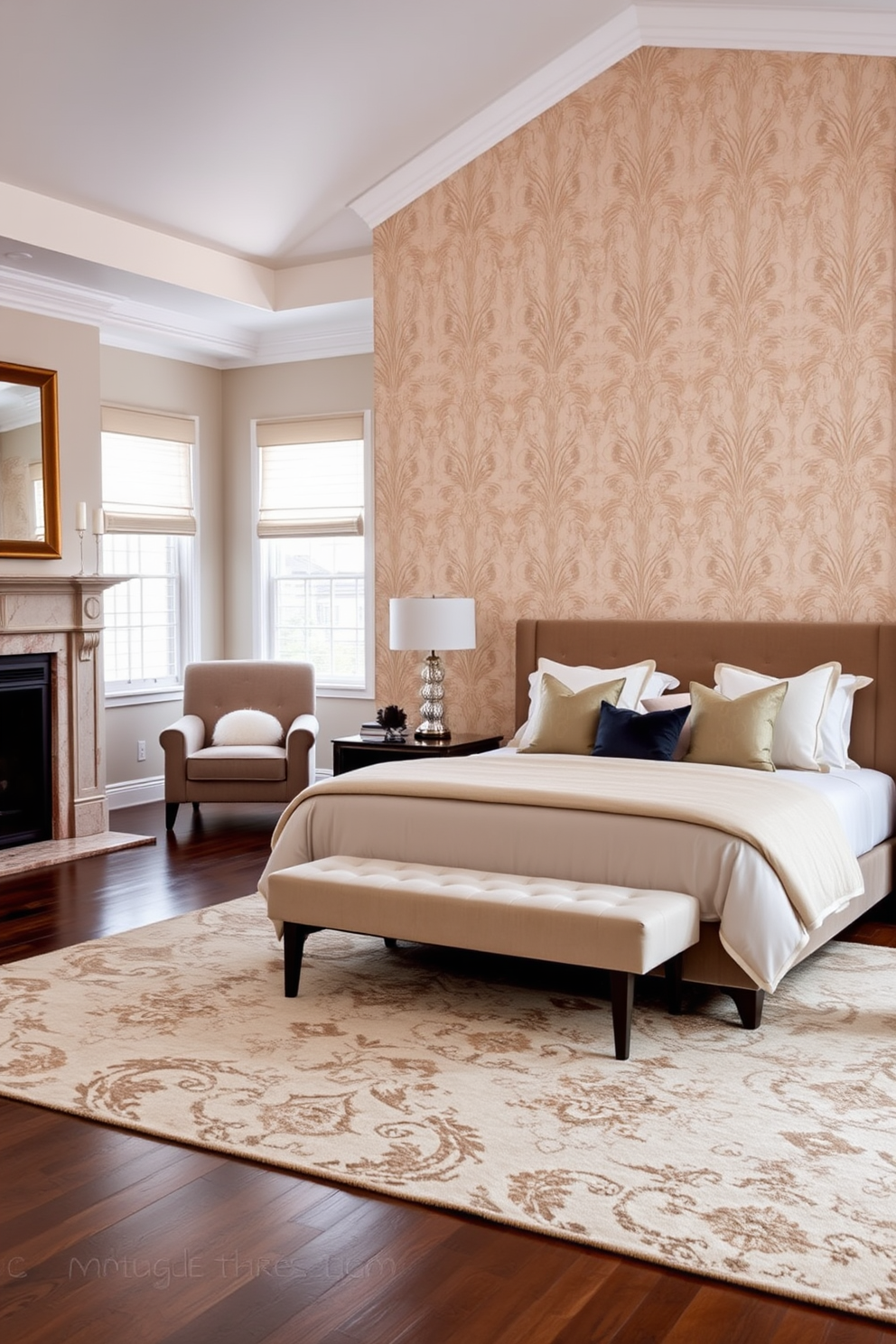 A spacious bedroom with a large plush bed centered against a feature wall adorned with elegant wallpaper. To the left, a cozy fireplace adds warmth and ambiance, complemented by a pair of stylish armchairs arranged nearby. The bedding features luxurious textures in soft neutral tones, while decorative pillows add a pop of color. A large area rug lies beneath the bed, enhancing the comfort of the space and grounding the overall design.