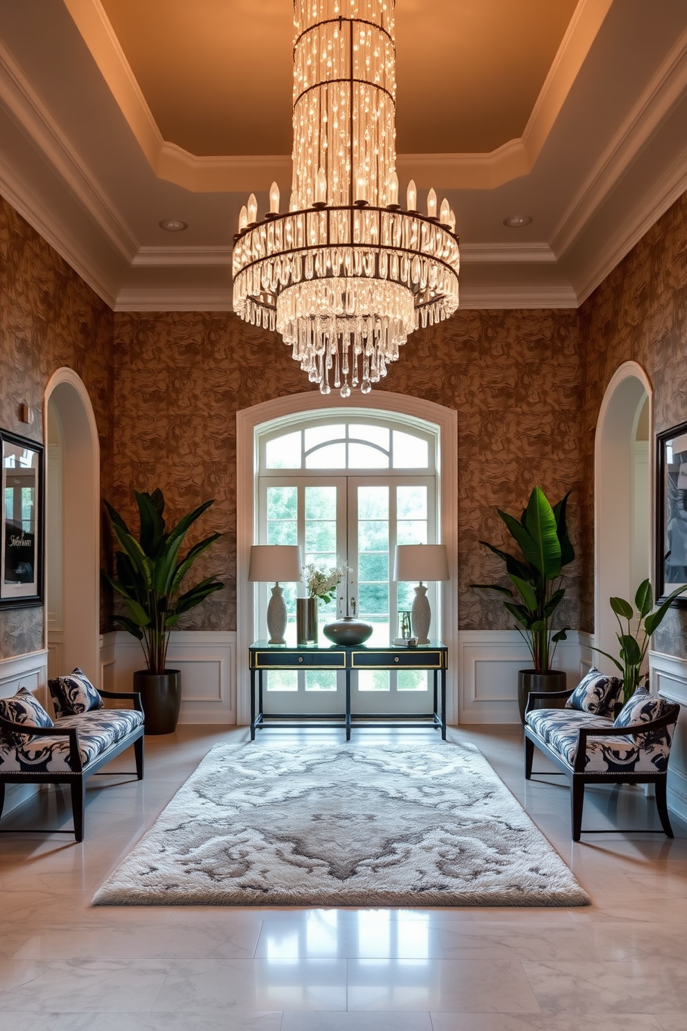 A spacious foyer features a stunning statement chandelier that cascades from the ceiling, illuminating the area with a warm glow. The walls are adorned with elegant wallpaper, and a plush area rug lies beneath a stylish console table. In this entryway, a pair of decorative benches flanks the sides, providing seating and enhancing the inviting atmosphere. Tall potted plants are strategically placed in the corners, adding a touch of greenery to the sophisticated design.