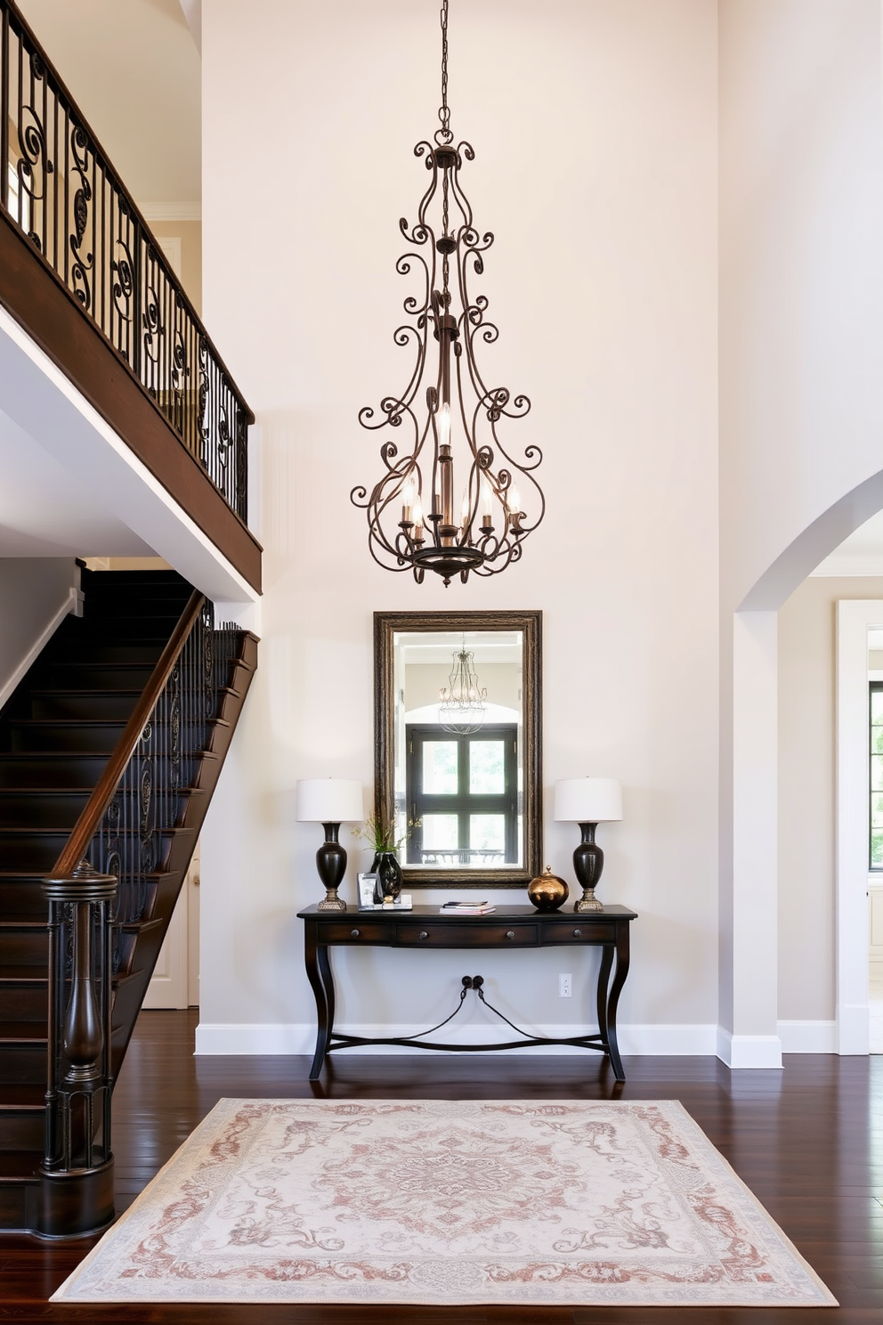 A stylish shoe storage solution is integrated beneath the bench seating in a spacious entryway. The bench features a plush cushion on top, providing comfort while the shoe storage is elegantly concealed with a set of decorative baskets. The entryway is adorned with a statement light fixture that adds a touch of sophistication. A large mirror hangs on the wall opposite the bench, reflecting natural light and enhancing the sense of space.