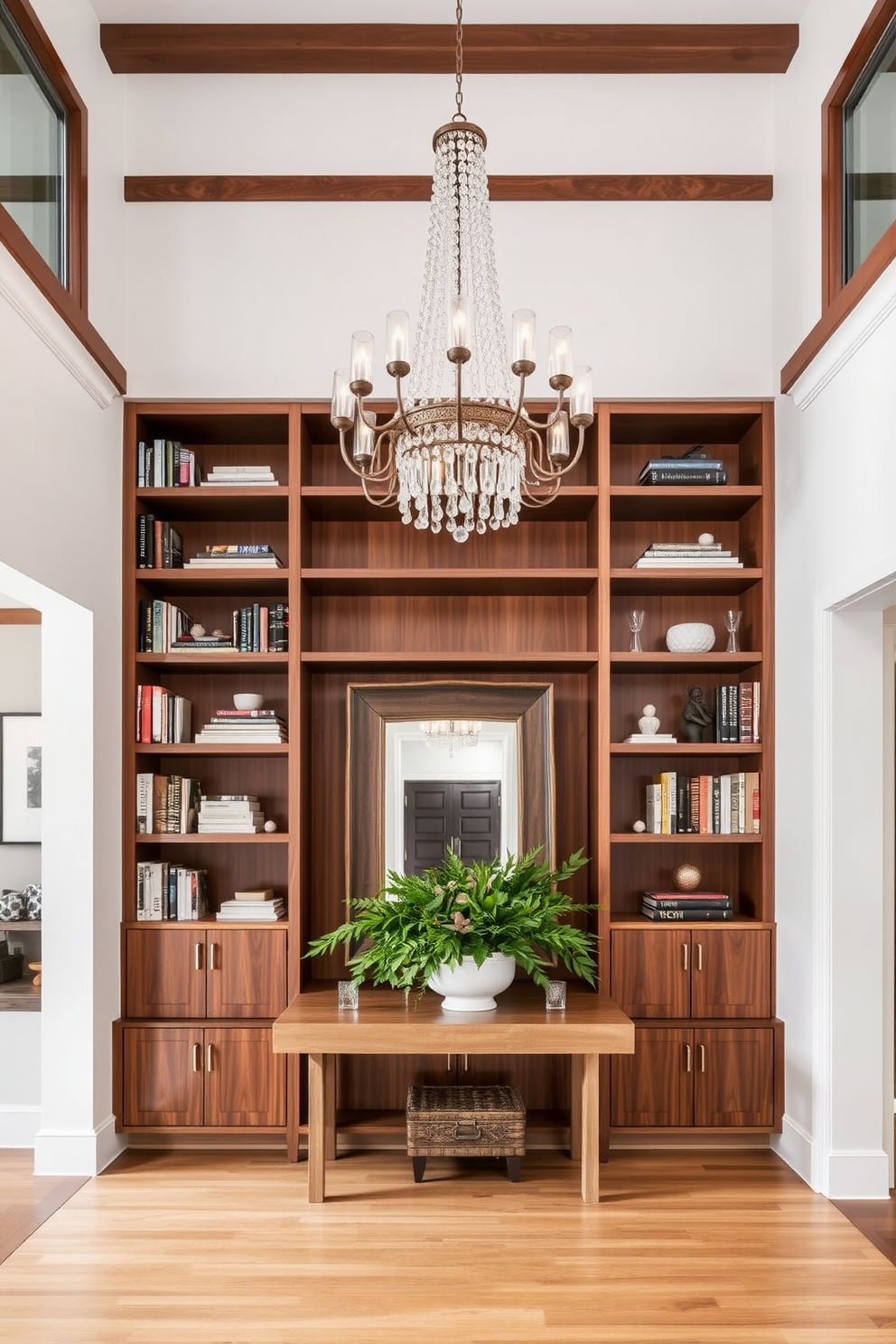 A grand entryway featuring layered lighting with elegant sconces flanking the walls and stylish floor lamps placed strategically to illuminate the space. The entryway is adorned with a large console table topped with decorative items, and a beautiful area rug anchors the design, enhancing the welcoming atmosphere.