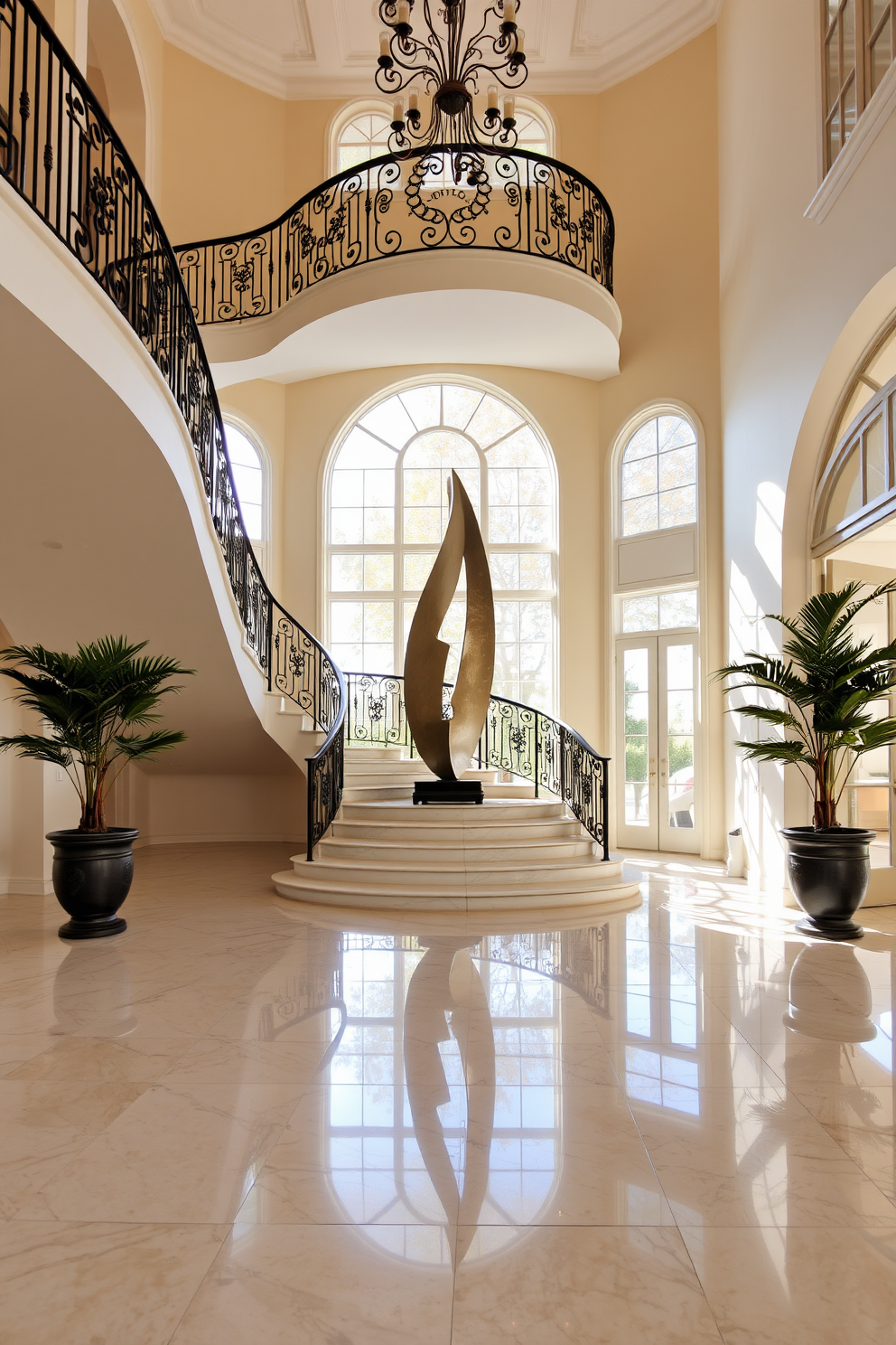 An expansive entryway featuring a grand staircase with a wrought iron railing that curves elegantly. The walls are adorned with a soft cream color, and a large artistic sculpture stands prominently in the center, drawing the eye and adding visual interest. The floor is made of polished marble tiles, reflecting the natural light that pours in through large arched windows. Flanking the entryway are two tall potted plants that bring a touch of greenery and warmth to the space.