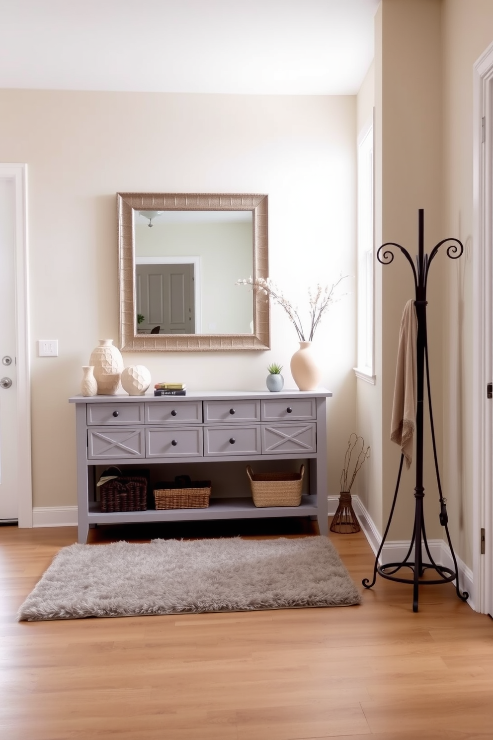 A spacious entryway featuring a neutral color palette that promotes a calming atmosphere. The walls are painted in soft beige, complemented by a light gray console table adorned with decorative accents. An oversized mirror hangs above the console, reflecting natural light from a nearby window. A plush area rug in muted tones adds warmth to the space, while a stylish coat rack stands elegantly to one side.