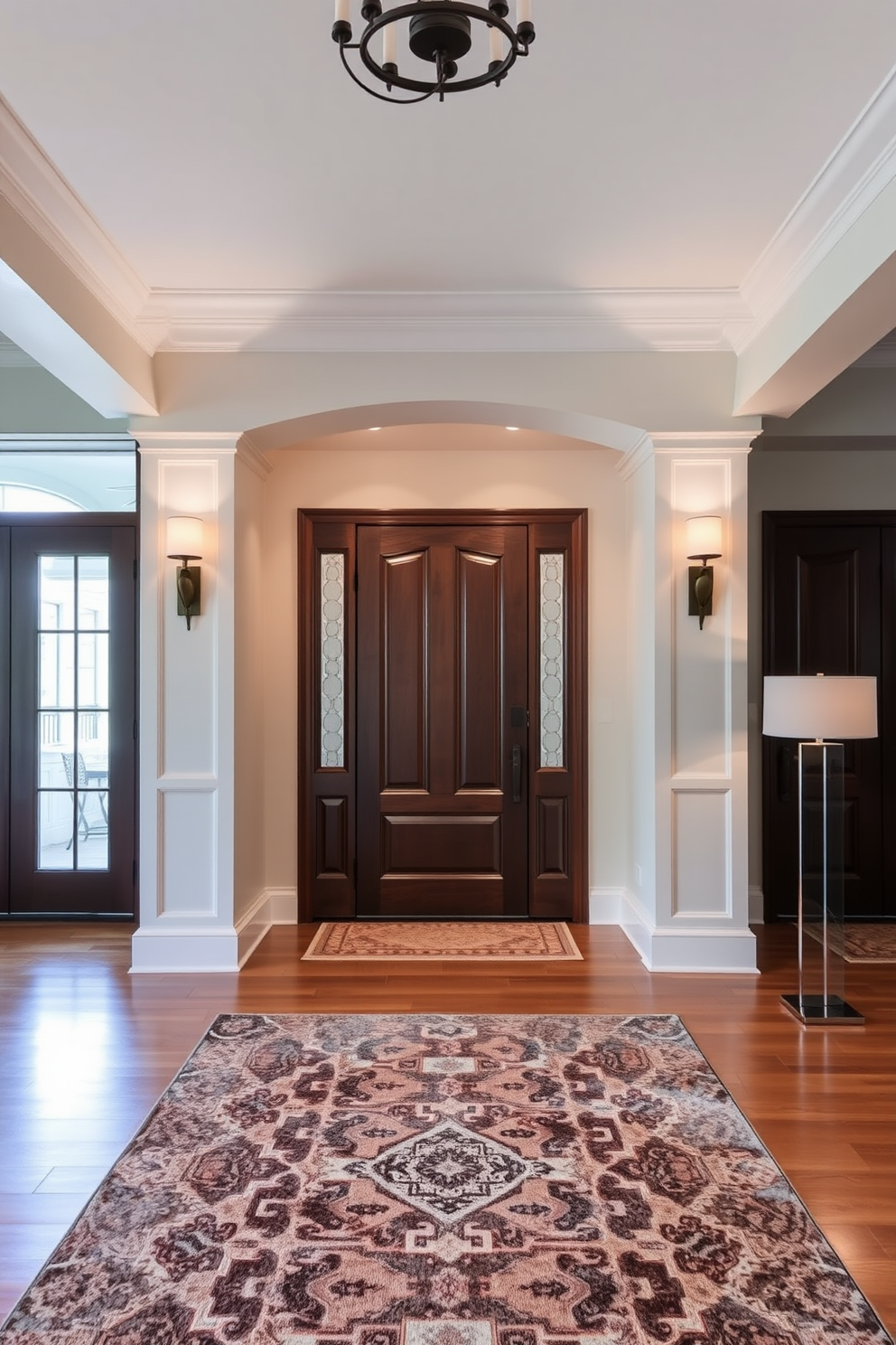 A grand entryway featuring layered lighting with elegant sconces flanking the door and stylish floor lamps positioned strategically around the space. The walls are adorned with a soft neutral paint, complemented by a stunning area rug that adds warmth and texture to the polished hardwood floor.