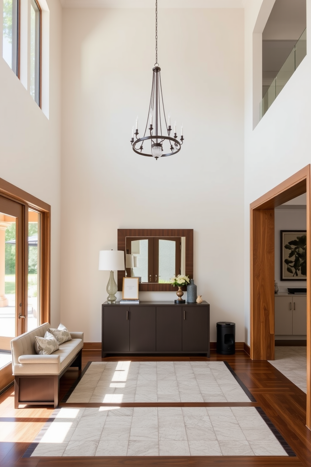 A spacious entryway features high ceilings and an open layout that invites natural light. A statement chandelier hangs above, illuminating a sleek console table adorned with decorative items and a large mirror. The flooring is a mix of polished wood and patterned tiles, creating visual interest while ensuring easy movement. To one side, a stylish bench with storage underneath offers a practical yet elegant seating option for guests.