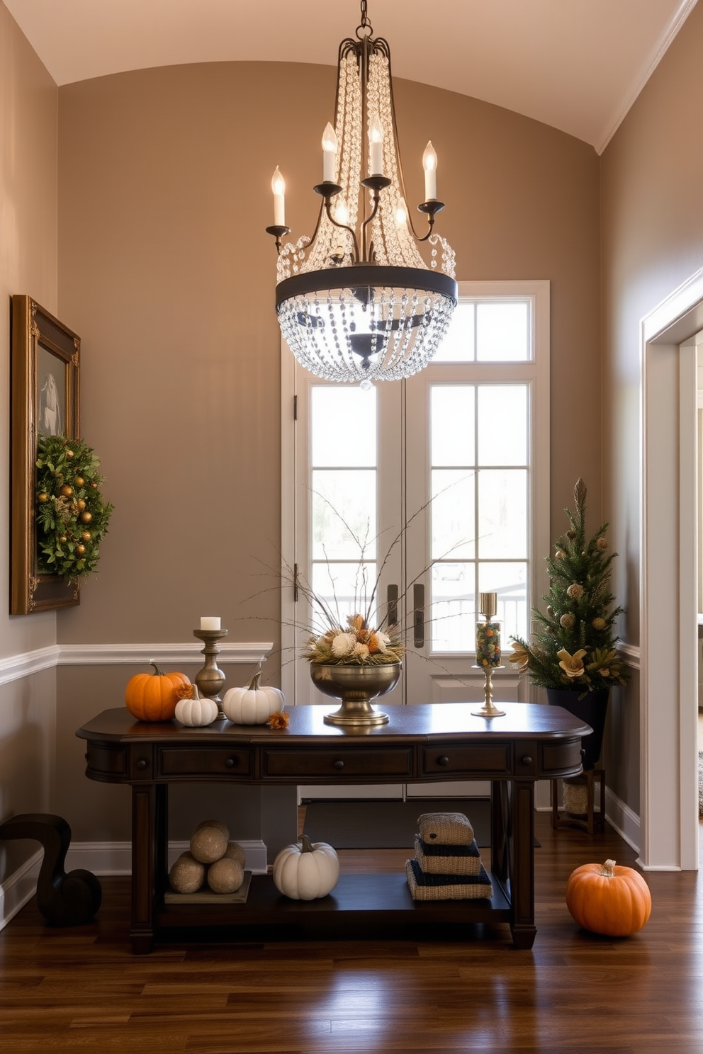 Seasonal decor to refresh entryway. The entryway features a large console table adorned with seasonal decorations, including pumpkins in the fall and festive ornaments during winter. Large Entryway Design Ideas. The space showcases a grand chandelier hanging from a high ceiling, complemented by a statement mirror that reflects natural light from the nearby window.