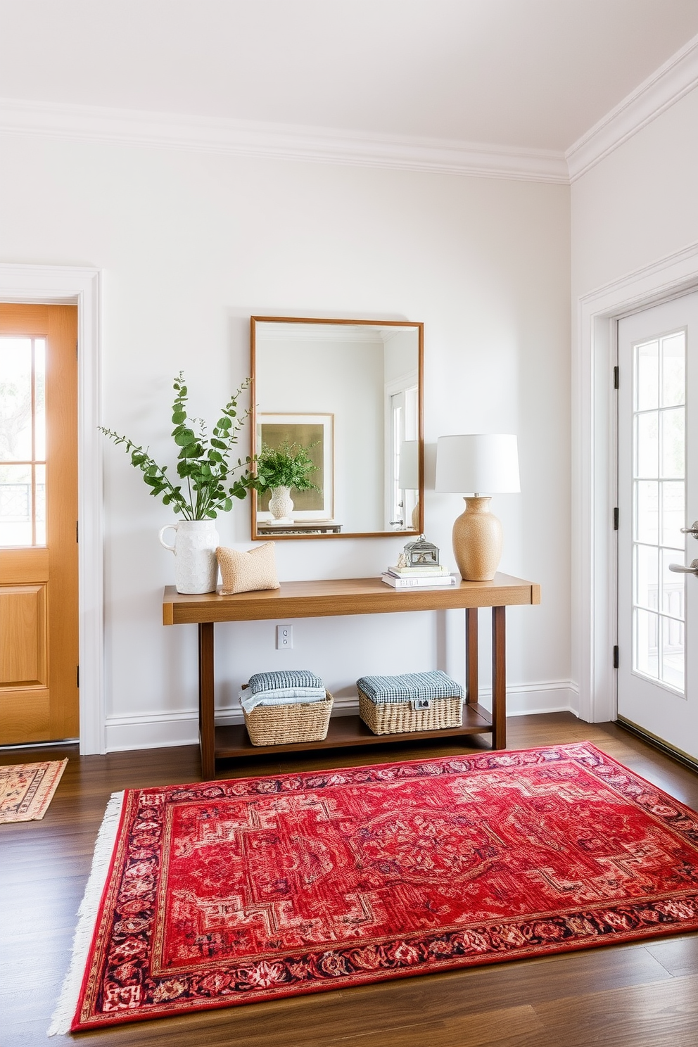 A rustic wooden bench is positioned against the wall, adorned with plush cushions in earthy tones. The entryway features a large area rug that complements the bench, while potted plants add a touch of greenery to the space.