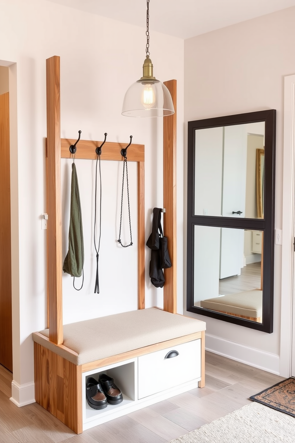 A functional coat rack designed for a spacious entryway features a sleek wooden frame with multiple hooks at varying heights. Below the hooks, a built-in bench provides a comfortable seating area, and a small storage compartment is integrated for shoes and accessories. The entryway is illuminated by a stylish pendant light that complements the overall aesthetic. A large mirror is mounted on the wall opposite the coat rack, enhancing the sense of space and adding a touch of elegance.