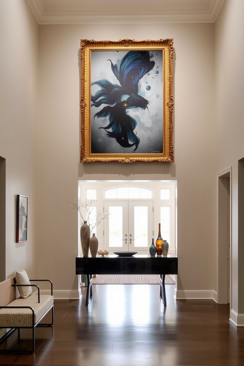 A large entryway features a stunning piece of artwork that commands attention as soon as one enters the space. The artwork is framed in an ornate gold frame and hung above a sleek console table adorned with decorative objects. To the left of the entryway, a stylish bench provides a comfortable spot for guests to sit while removing their shoes. The walls are painted in a soft neutral tone, enhancing the dramatic impact of the artwork and creating a welcoming atmosphere.