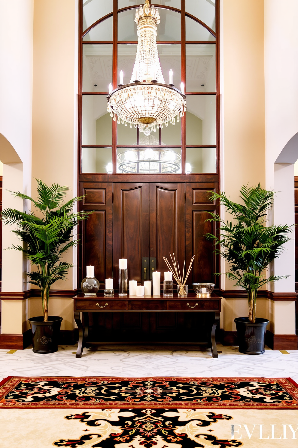 A large entryway features a grand chandelier hanging from a high ceiling, illuminating the space with warm light. The floor is adorned with a beautiful patterned rug that complements the elegant wooden console table placed against the wall. On the console table, a collection of scented candles and diffusers create a welcoming aroma that invites guests into the home. Flanking the entryway are tall potted plants that add a touch of greenery and enhance the inviting atmosphere.