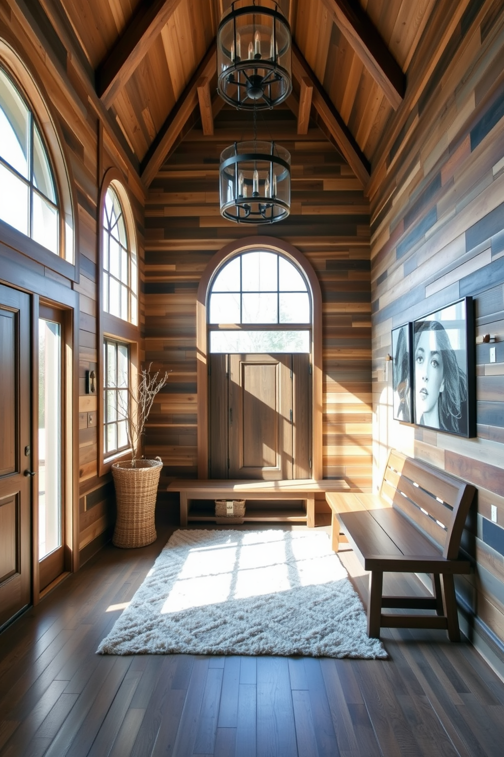 A grand entryway featuring rustic wood accents creates a warm and inviting atmosphere. The space is adorned with a large wooden bench, complemented by a woven basket for storage, and a statement chandelier hangs from the ceiling. Natural light floods the area through oversized windows, illuminating the rich textures of reclaimed wood on the walls. A plush area rug lays beneath the bench, adding comfort and style to the entryway.