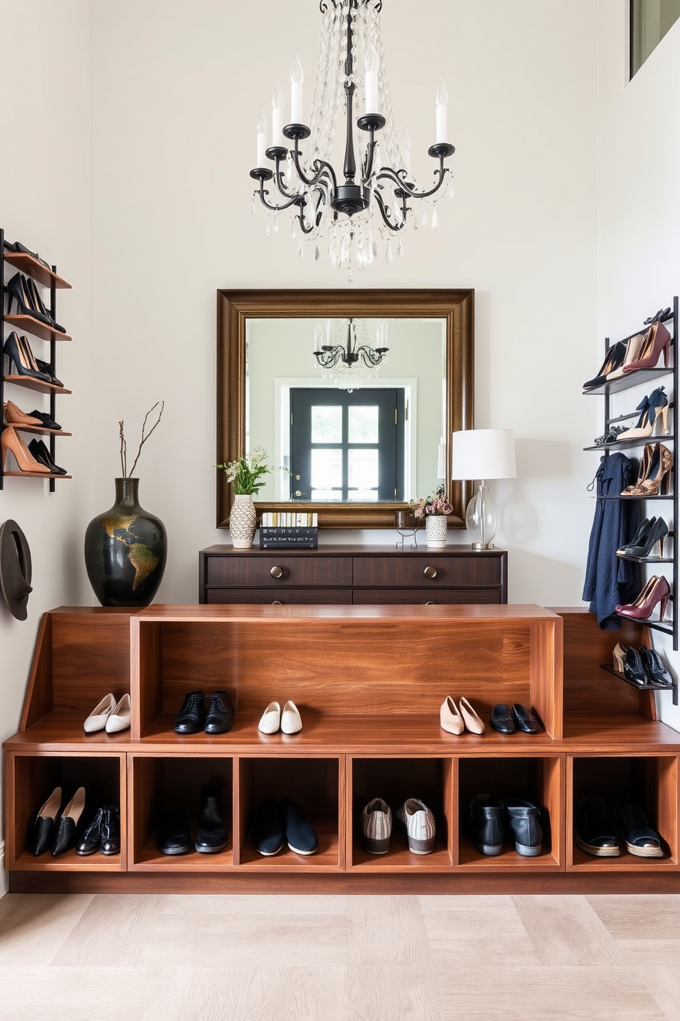 Stylish shoe storage solutions for neatness. A sleek wooden bench with built-in cubbies holds an array of shoes, while a wall-mounted rack displays stylish footwear. Large entryway design ideas. The spacious entryway features a grand chandelier hanging from a high ceiling, complemented by a console table adorned with decorative accents and a large mirror above it.