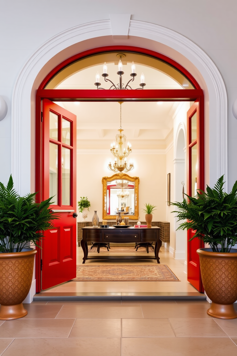 A vintage trunk serves as a stylish storage solution in the entryway. It is adorned with leather straps and brass accents, adding character to the space. The large entryway features high ceilings and an elegant chandelier. A console table is placed against the wall, decorated with a mirror and a few decorative items for a welcoming touch.