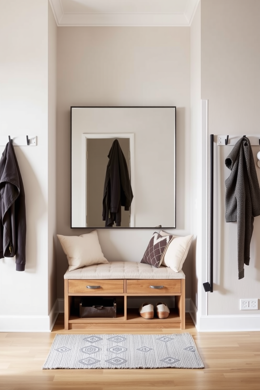 A stylish entryway featuring multi-functional furniture that maximizes space. The design includes a sleek bench with built-in storage and a wall-mounted coat rack for organization. The walls are painted in a soft neutral tone to create an inviting atmosphere. A large mirror above the bench enhances light and makes the space feel larger.