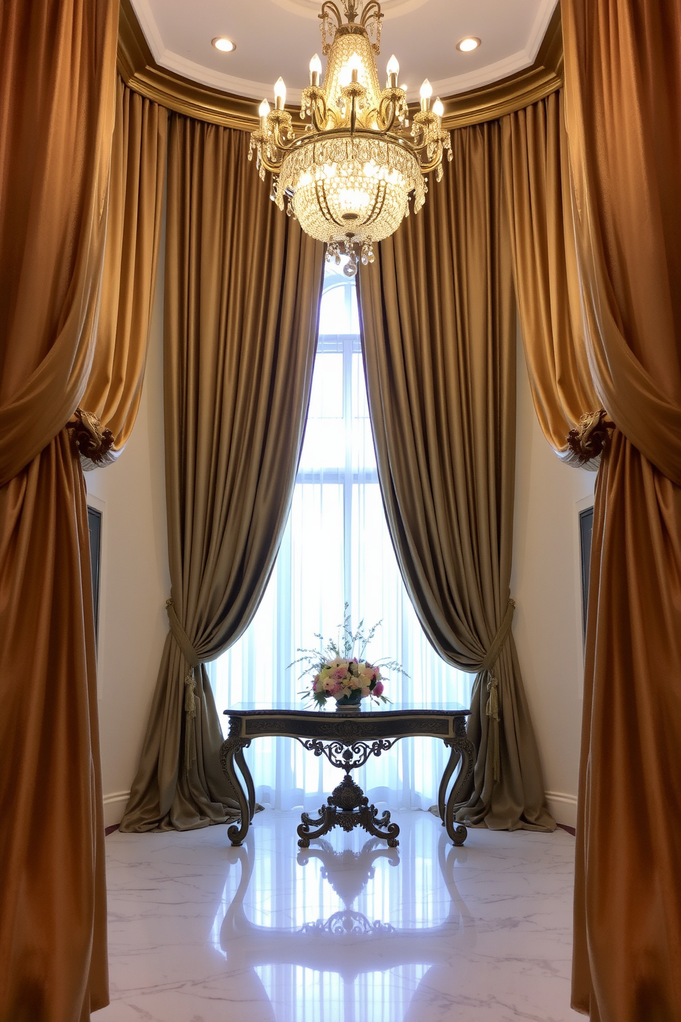 Elegant drapes frame the entryway, cascading down in soft folds of rich fabric that complement the surrounding decor. The entryway features a grand chandelier that illuminates the space, highlighting a polished marble floor and an ornate console table adorned with fresh flowers.