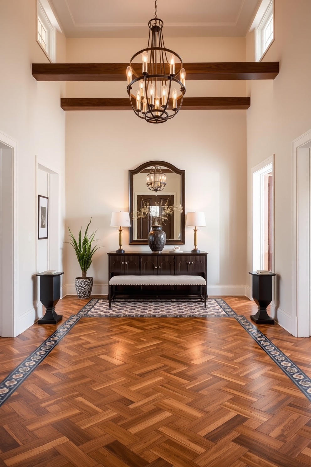 Create a striking entryway that features unique flooring materials such as herringbone patterned wood or colorful encaustic tiles. The space should be inviting with high ceilings and a statement chandelier that draws the eye upward. Incorporate a large console table with decorative elements like a vase and a large mirror above it. Use warm lighting to enhance the ambiance and consider adding a bench or seating area for functionality.