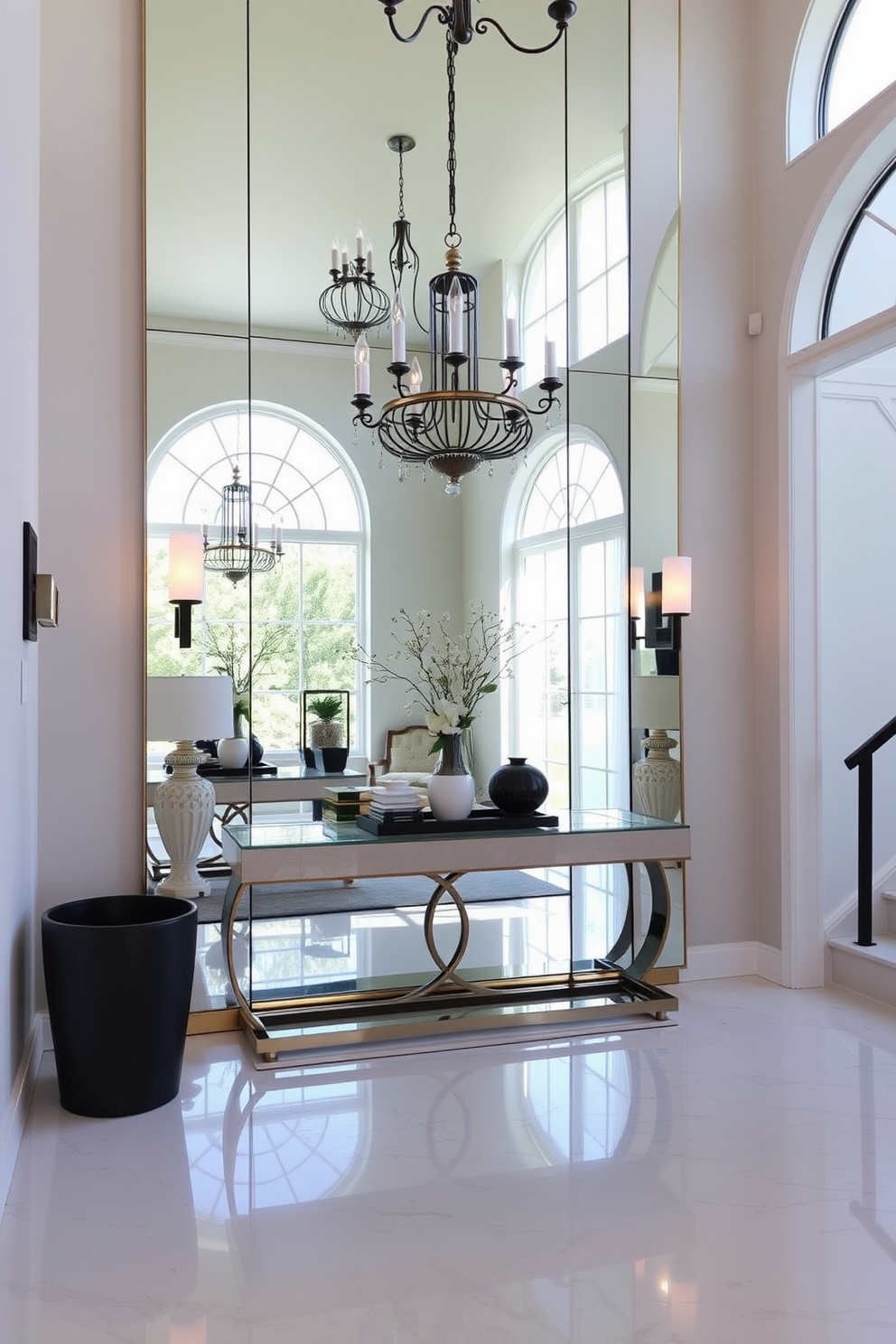 A grand entryway features an oversized mirror that reflects natural light, creating a bright and inviting atmosphere. The space is adorned with elegant lighting fixtures and a stylish console table, complemented by decorative accents that enhance the overall design.