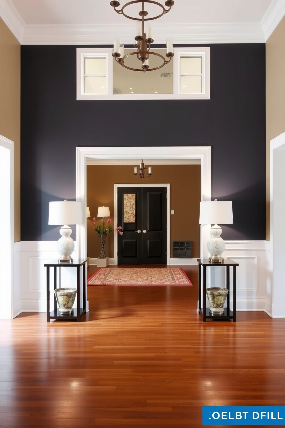 A bold accent wall in a deep color serves as the focal point of a spacious entryway. Flanking the entrance, stylish console tables with decorative lamps create a warm and inviting atmosphere. The flooring features a rich hardwood that complements the wall color, enhancing the overall elegance of the space. A large mirror above the console tables reflects light and adds depth to the entryway.