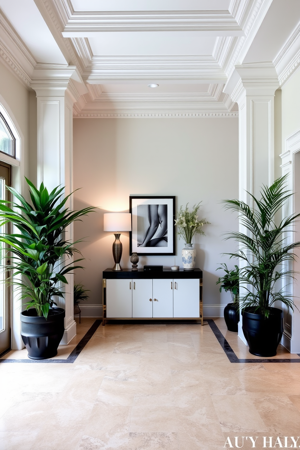 A spacious entryway featuring a high ceiling with elegant crown molding. The floor is adorned with large, patterned tiles, and a stylish console table is placed against the wall. On the console table, there are several decorative items, including a sleek lamp and a framed artwork. Flanking the entryway are potted plants of varying heights, adding a refreshing touch of natural greenery.