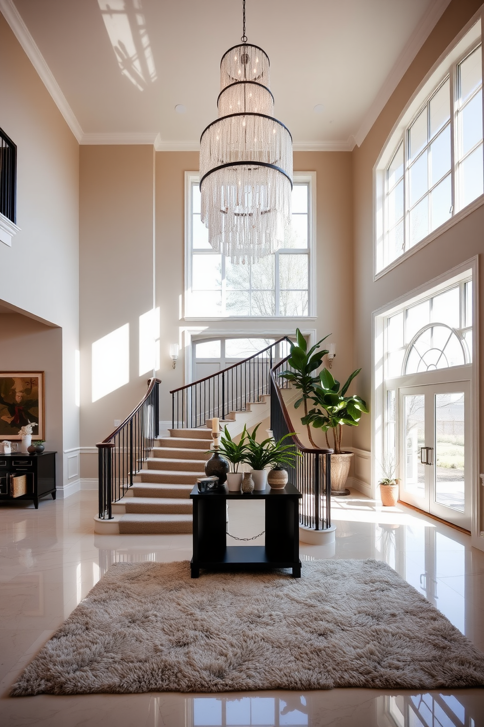 A grand entryway features a sleek console table against a backdrop of soft gray walls. Above the table, a large statement artwork in vibrant colors draws the eye and adds personality to the space. The floor is adorned with a luxurious area rug that complements the console table's design. Flanking the console are stylish sconces that provide warm illumination, enhancing the welcoming atmosphere.