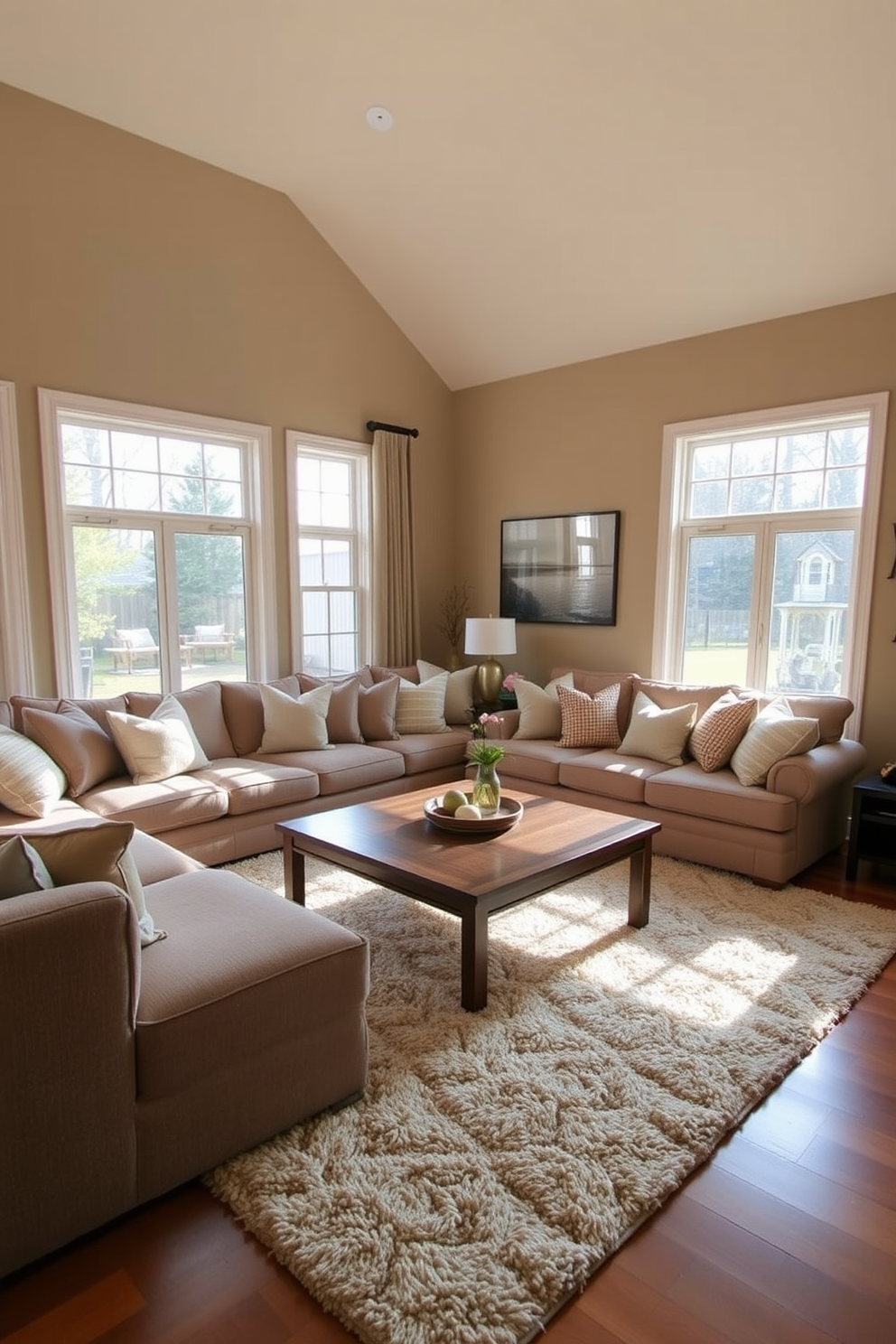 Cozy sectional sofa with colorful cushions situated in a spacious family room. The walls are painted in a warm beige tone, and large windows allow natural light to flood the space.