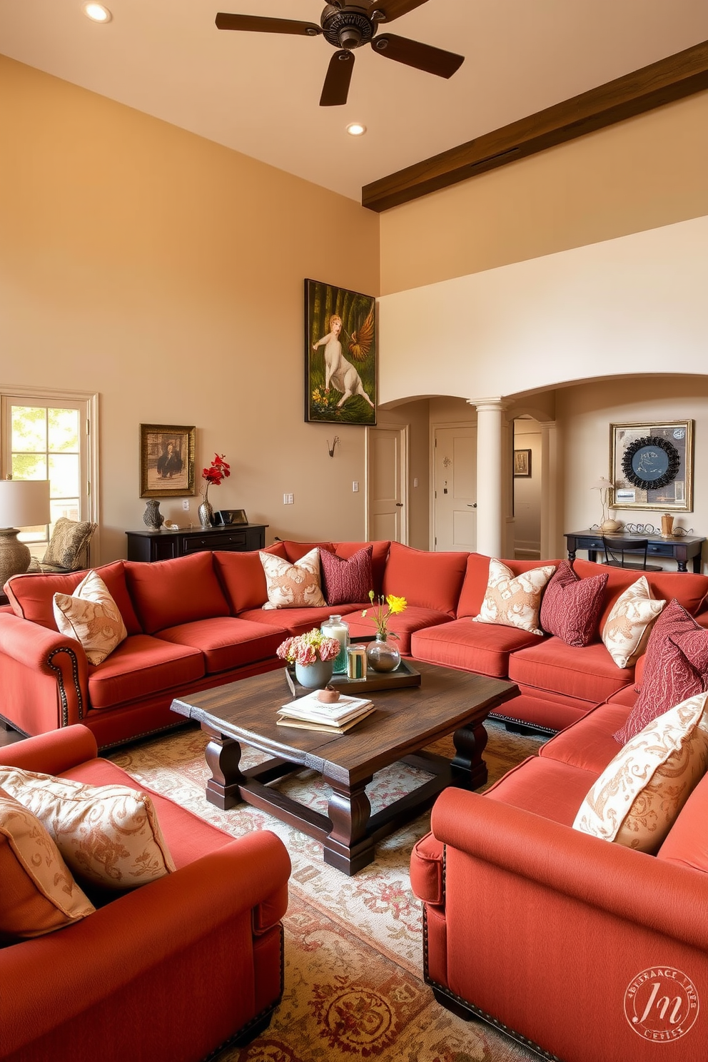 A large family room designed with a warm color palette to create an inviting atmosphere. The walls are painted in soft beige, complemented by rich terracotta accents in the furnishings and decor. A spacious sectional sofa in a deep rust color is arranged around a rustic wooden coffee table. Cozy throw pillows in various warm tones add texture and comfort to the seating area.