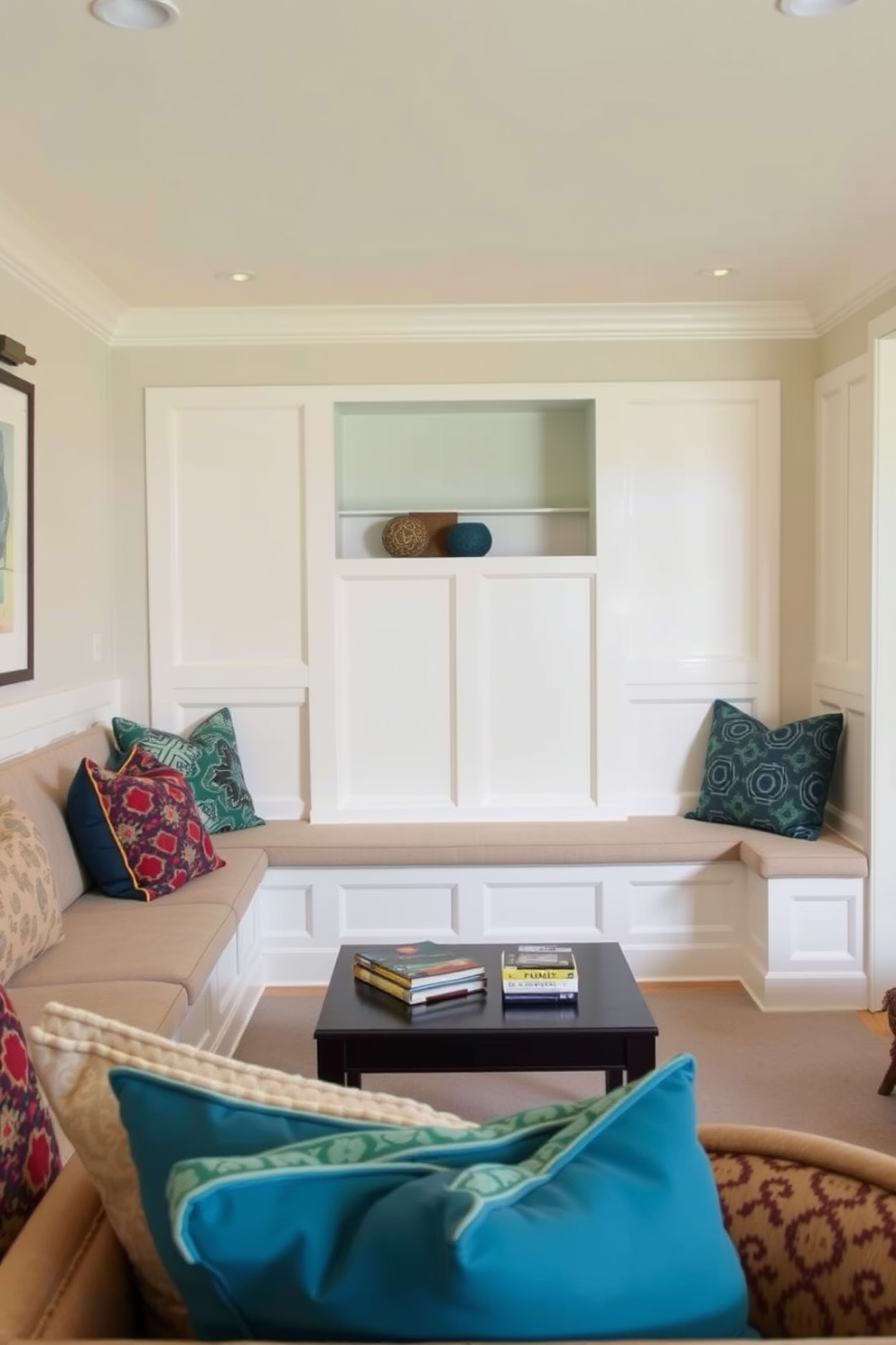 A spacious family room featuring built-in benches along the walls for additional seating. The benches are upholstered in a soft fabric, and colorful throw pillows are arranged for comfort and style.