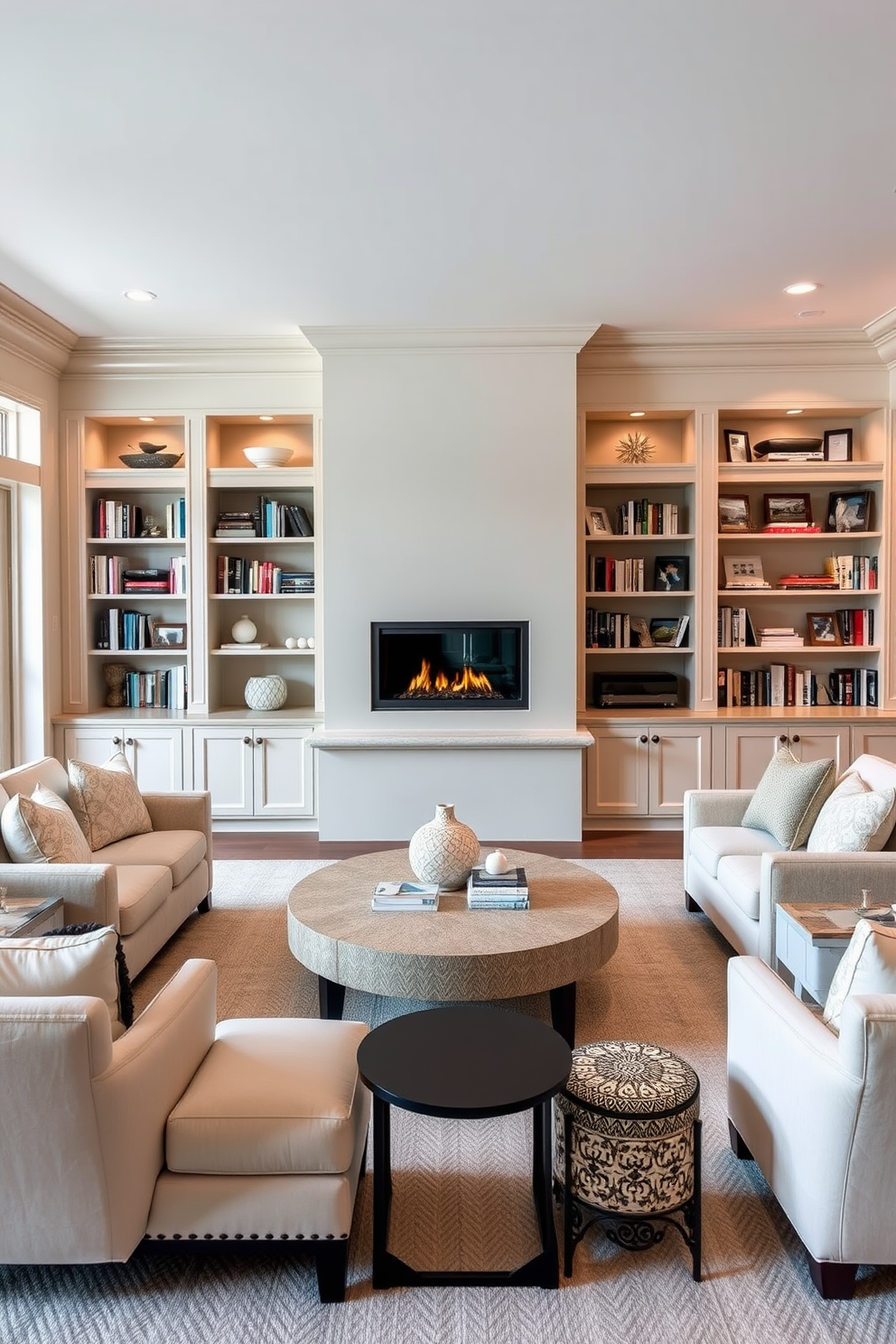 A statement chandelier hangs gracefully in the center of the large family room illuminating the space with a warm glow. Plush seating arrangements in rich fabrics surround a modern coffee table, creating an inviting atmosphere for family gatherings. The walls are adorned with a soft neutral palette, accented by bold artwork that adds character to the room. Large windows allow natural light to flood in, enhancing the spacious feel and connecting the indoor space with the outdoor views.