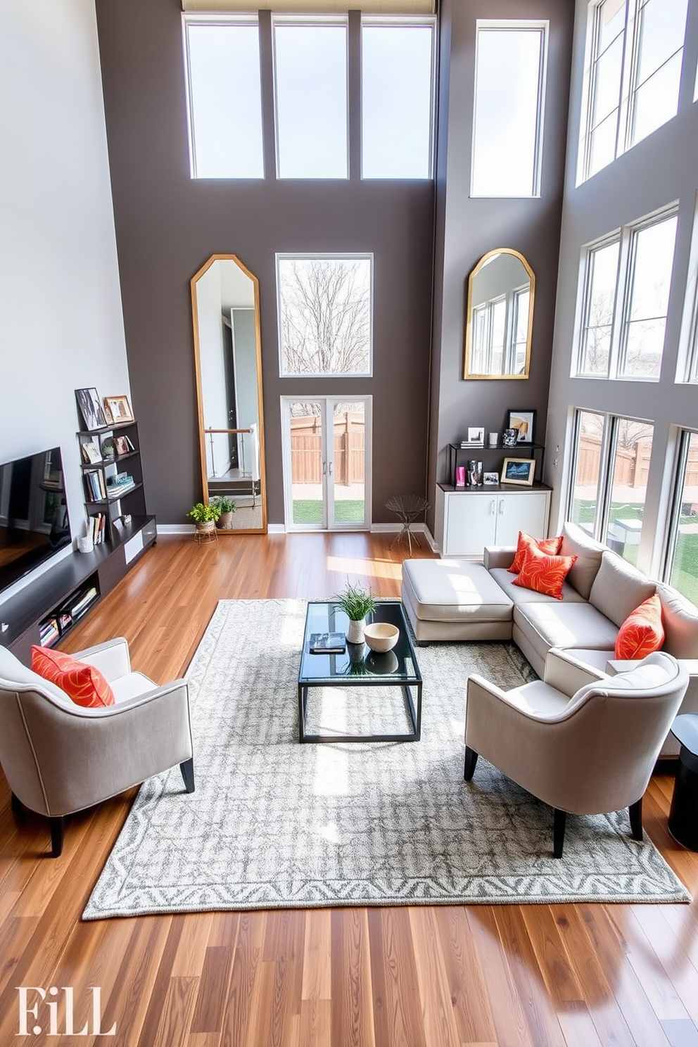 A spacious family room with large windows allowing abundant natural light to flood in. The room features a comfortable sectional sofa in a neutral tone, accented with vibrant throw pillows. A large area rug anchors the seating area, complementing the hardwood floors. On one wall, a sleek entertainment unit showcases a flat-screen TV, while decorative shelves display family photos and books. Mirrors are strategically placed to reflect light and create a sense of openness. A stylish coffee table sits at the center, surrounded by armchairs that invite conversation and relaxation.