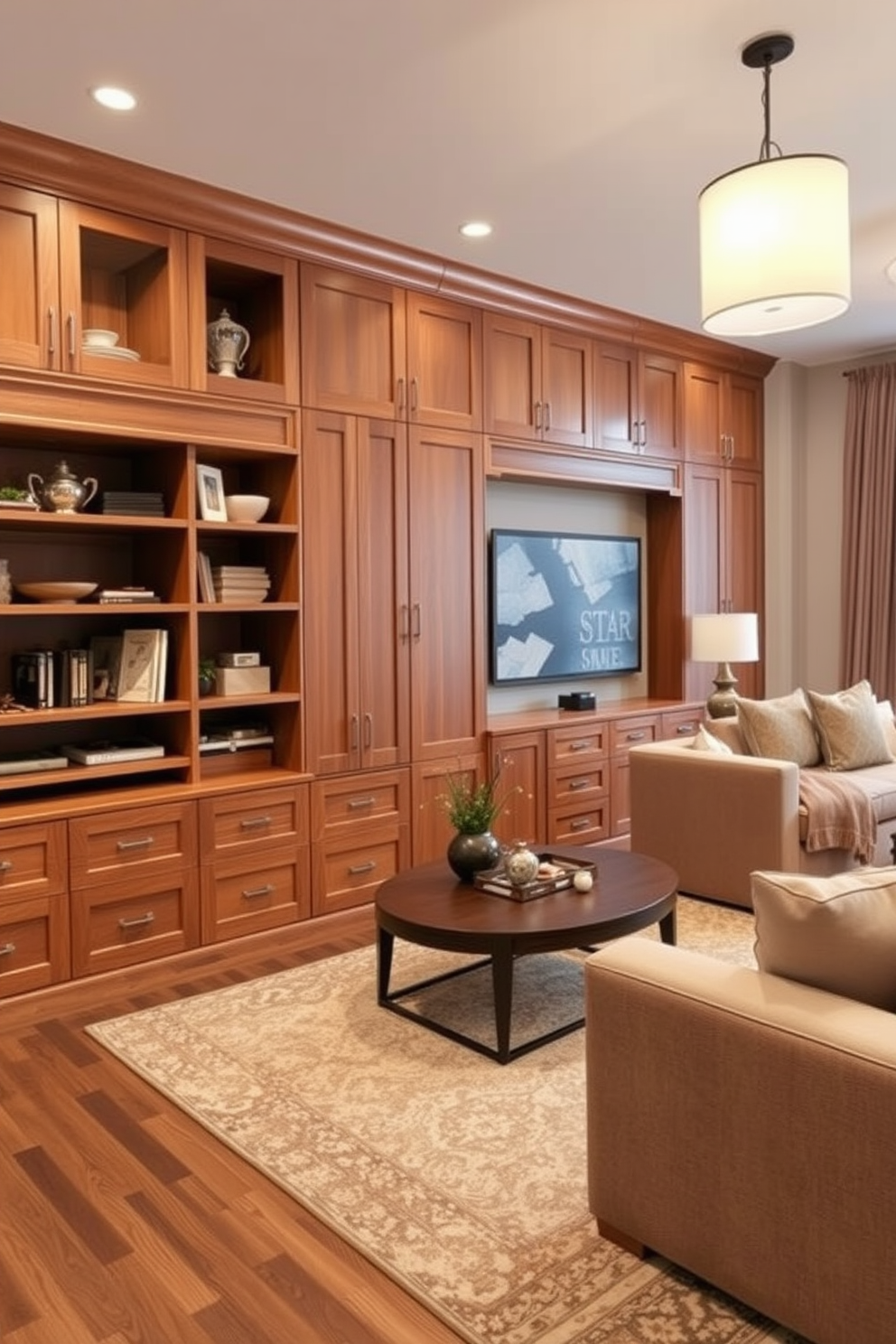 A cozy reading nook featuring a plush armchair upholstered in soft fabric. A small side table holds a steaming cup of tea and a stack of books, while a warm throw blanket drapes over the armchair. A spacious family room designed for comfort and entertainment. The room includes a large sectional sofa, a coffee table made of reclaimed wood, and a media console with a flat-screen TV, surrounded by family photos and decorative accents.