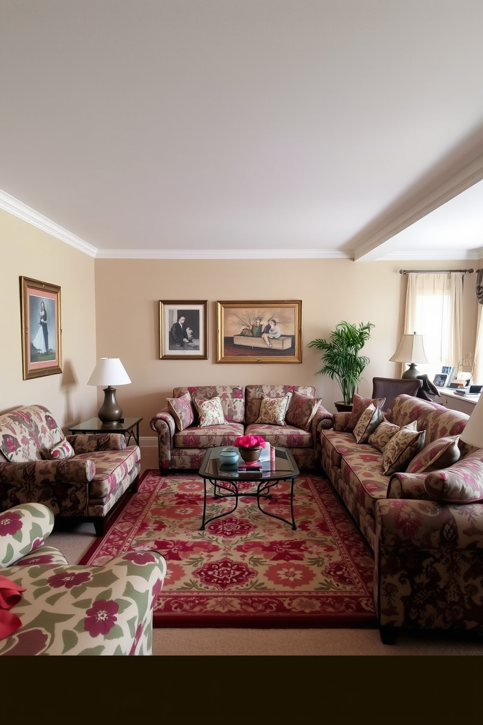 A spacious family room filled with a variety of textures and patterns. The walls are painted in a soft beige, and the furniture features a mix of floral and geometric prints. A large sectional sofa in a bold pattern is paired with a colorful area rug that ties the room together. Decorative throw pillows in contrasting designs add layers of visual interest to the space.