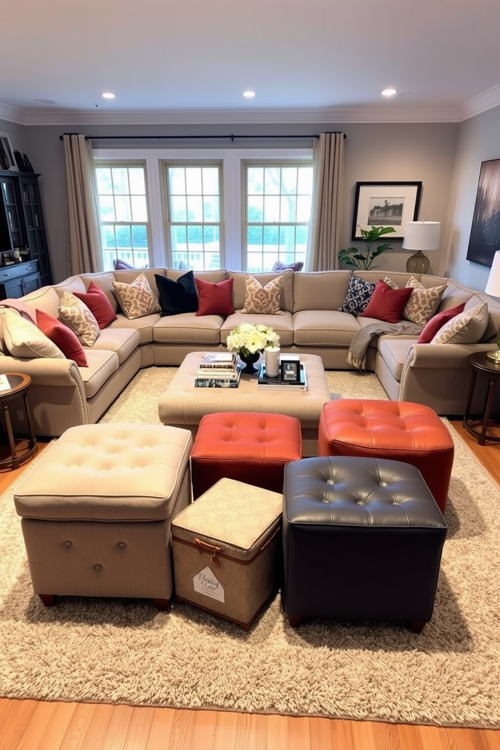 A spacious family room features rustic wooden beams that add warmth and character to the space. The room is filled with comfortable seating options, including a large sectional sofa and a couple of armchairs, all arranged around a cozy fireplace. Natural light pours in through large windows, highlighting the rich textures of the wooden beams and the soft tones of the furnishings. A large area rug anchors the seating area, while decorative throw pillows add pops of color and comfort.