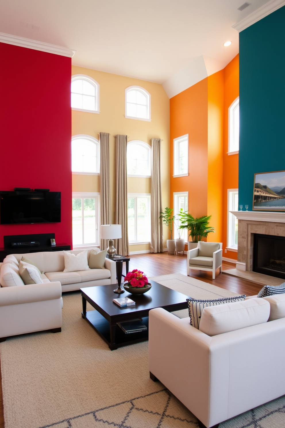 Bright accent walls in vibrant colors create a stunning focal point in the large family room. The neutral furniture complements the bold hues, providing a harmonious balance while inviting comfort and relaxation.