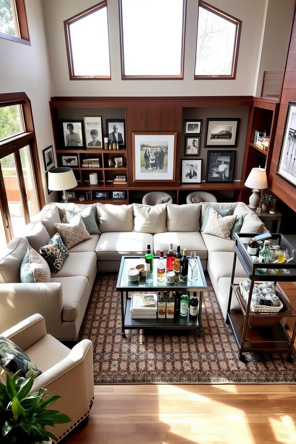 A spacious family room with ample seating arrangements centered around a large, plush sectional sofa in a neutral tone. A stylish bar cart is positioned nearby, stocked with various spirits and glassware, serving as a focal point for entertaining guests. The walls are adorned with framed family photos and artwork that reflect personal style. A cozy area rug anchors the seating area, while large windows allow natural light to flood the space, enhancing the inviting atmosphere.