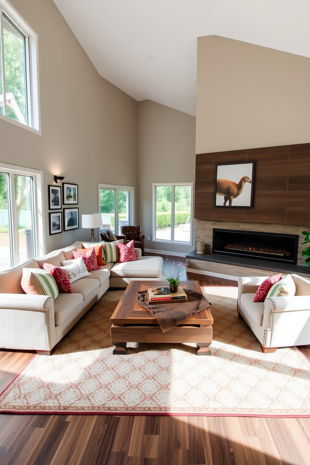 A spacious family room with soft ottomans arranged for flexible seating options. The room features a large sectional sofa in a neutral tone, complemented by a vibrant area rug that adds warmth and color to the space.