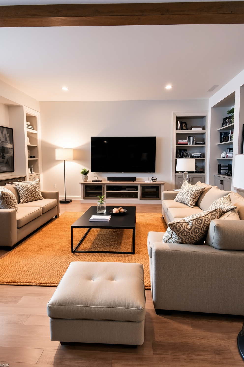 A spacious family room designed for comfort and entertainment features a large sectional sofa adorned with plush throw pillows. A sleek coffee table sits in the center, surrounded by a warm area rug that adds texture to the space. On one wall, a large screen is mounted for movie nights, complemented by built-in shelves filled with books and decorative items. Soft lighting from stylish floor lamps creates an inviting atmosphere for family gatherings and relaxation.